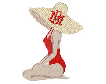 Fashion Girl with Beach Hat Designer Monogram embroidery design Instant download 4x4 5x7 6x10 PES BX Herrington Design
