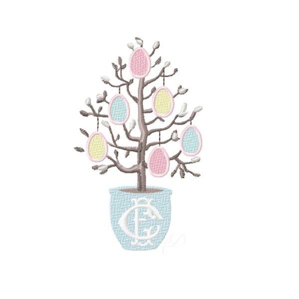 Two Versions Easter Egg Tree Embroidery Design Instant Download Vintage 4x4 5x7 6x10 PES Herrington Design