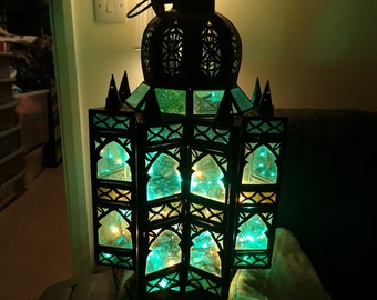 Authentic Moroccan Lantern or FANOOS. A masterwork of Craftsmanship and Design. With select panels of Green and Blue and stands almost 2ft.