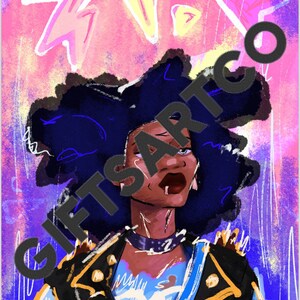 May include: A digital illustration of a woman with dark blue hair wearing a black leather jacket with gold accents and a blue shirt. The background is a pink and purple abstract design.