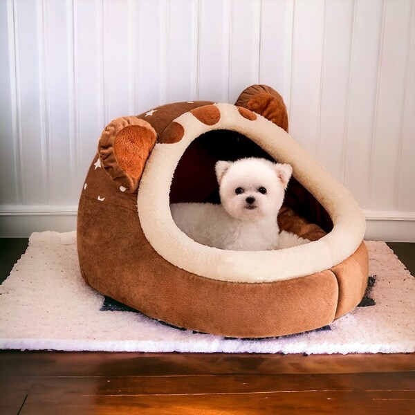 Cute Bear Bed for Dogs | Indoor Cave Dog Bed | Soft, Plush Bed For Puppy | Washable Bed for Cats | Velvet Bed | Cozy Tent Cave Pet Cat Beds