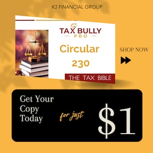 Könnte beinhalten: Eine gelbe und schwarze Grafik mit dem Text "Tax Bully Pro" und "Circular 230" mit einer Waage und Büchern im Hintergrund. Der Text "Shop Now" und ein Pfeil befinden sich in der oberen rechten Ecke. Der Text "Get Your Copy Today" und "for just $1" befindet sich in der unteren linken Ecke.