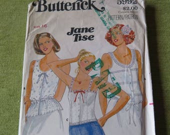 Vintage 70's Butterick 5992 JANE TISE Summer Tops Button Front Camisole Sewing Pattern size 16 B38