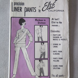 May include: Vintage sewing pattern for "precision Liner Pants" by Elsé California. The cover features a stylized illustration of a woman in pants and a striped top. The pattern promises to eliminate panty lines and other issues.