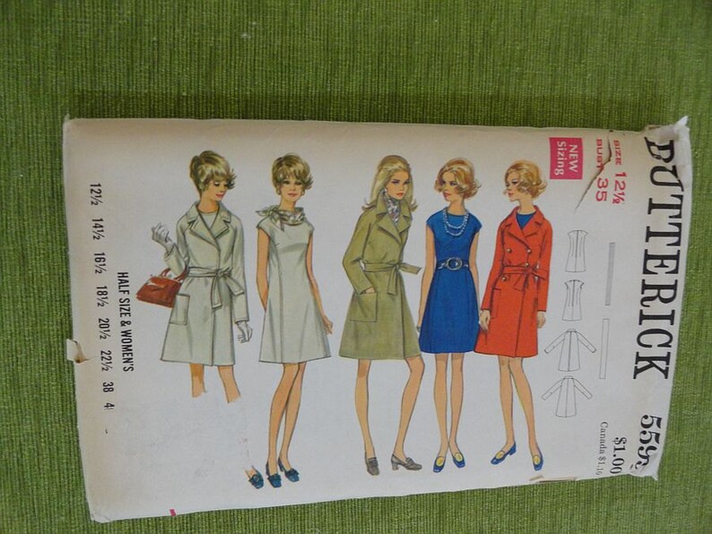 Vintage 60s Butterick 5599 Womens Half Size One Piece Dress and Coat Sewing Pattern size 12.5 B35UNCUT image 1