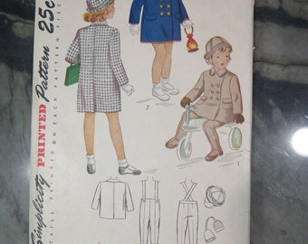 Vintage anni '40 Simplicity 2203 Cappotto per bambini, leggings e cappello paraorecchie modello di cucitura taglia 4