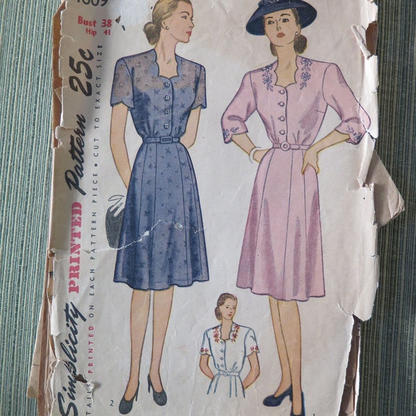 Vintage 40s Simplicity 1609 Womens One Piece Dress Sewing Pattern size 38 B38