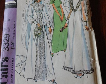 Vintage 70s Misses Bridal Gown Wedding Dress Bridesmaids Sewing Pattern size 14 B36 McCalls 3329 Uncut