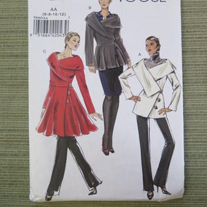 May include: Vogue pattern V8465 featuring three fashion designs. The cover shows illustrations of a red coat, a gray jacket, and a white jacket, each paired with black pants. The pattern size is AA (6-8-10-12).