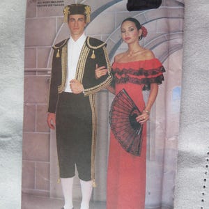 May include: Butterick pattern 3237 featuring a man in a black and gold matador costume and a woman in a red off-the-shoulder dress with a black lace trim, holding a black fan. The pattern includes all sizes.