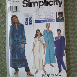 May include: Simplicity sewing pattern number 9071 for a full figure solution. The pattern includes four different styles of dresses and a pair of pants. The pattern is easy to sew and includes instructions for making the garments.