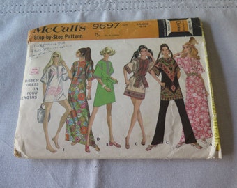 Vintage 60s McCalls 9697 Womens Dress Caftan Dashiki Kimono MuuMuu Beach Cover Up Sewing Pattern size L 16-18