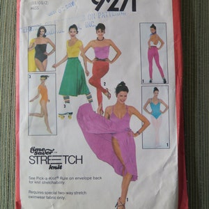 May include: Simplicity sewing pattern number 9271 for stretch knit swimwear. The pattern includes five different styles: a halter top, a tank top, a skirt, a dress, and pants. The pattern is available in sizes 8, 10, and 12.