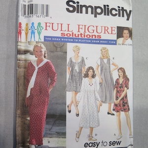 May include: Simplicity sewing pattern 9472 for a full figure dress with a variety of styles. The pattern includes instructions for a long dress with a tie at the neck, a short dress with a gathered skirt, a sleeveless dress with a scoop neck, and a short dress with a V-neck. The pattern is easy to sew and includes special tips for broomstick crinkling.