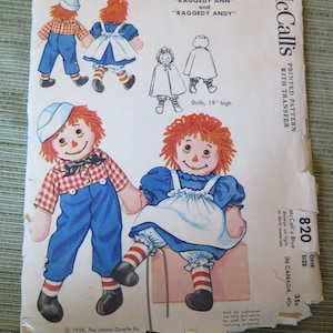 Vintage 50s McCalls 820 Raggedy Ann and Raggedy Andy Printed Sewing Pattern with Transfer