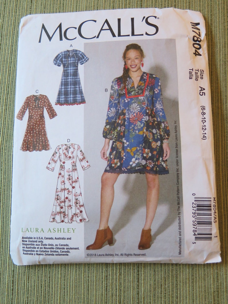 McCalls M7804 Laura Ashley Sewing Pattern for Misses Loose Fitting Dress size 6 8 10 12 14 UNCUT FF image 1