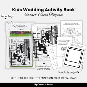 May include: A Kids Wedding Activity Book editable Canva template set featuring a personalized cover page with a couple on stairs, 14 activity pages including spot the difference, tic tac toe, and a draw the bride and groom frame, plus label tags.
