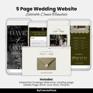 Könnte beinhalten: Eine 5-seitige Hochzeits-Website Canva-Vorlage mit interaktivem Umschlag-Willkommen, Landingpage, Detailseite, RSVP, Liebesgeschichte und Fotobereichen. Das Design verwendet eine dunkelolivgrüne und weiße Farbpalette mit eleganter Typografie.
