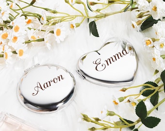Espejo de maquillaje de bolsillo grabado personalizado, espejo de maquillaje compacto plateado personalizado, regalos de dama de honor, regalo para ella, regalos de boda.