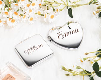 Espejo de bolsillo personalizado con nombre, espejo de maquillaje de bolsillo grabado, regalo de dama de honor, regalo para ella, recuerdo de agradecimiento de boda.