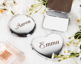 Espejo de maquillaje compacto de plata grabado personalizado, espejo de bolsillo personalizado, regalos de dama de honor, regalos de boda.