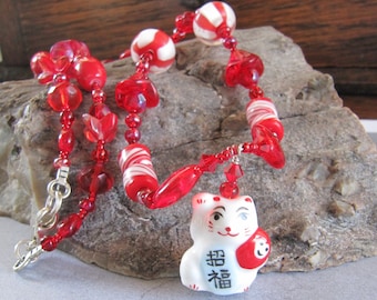Maneki Neko Good Luck Red Kitty Cat Necklace by Cornerstoregoddess