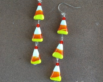 Lampwork Candy Corn Jack o Lantern Halloween Earrings EHAG