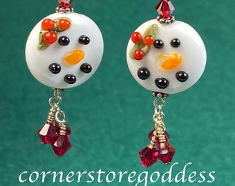 Cornerstoregoddess Swarovski Crystal Lampwork Snow Man Snowperson Snowman Earrings