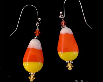 Lampwork Candy Corn Jack o Lantern Halloween Earrings EHAG