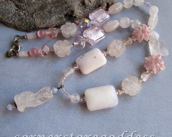 Gemstone Pink Opal Rose Quartz Kitty Cat Necklace by Cornerstoregoddess