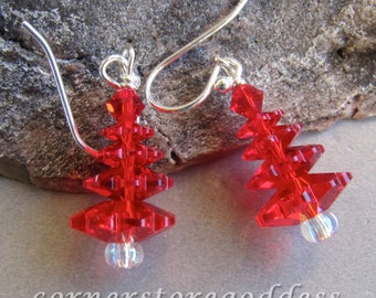 Sterling Silver Swarovski Crystal Christmas Tree Earrings by Cornerstoregoddess