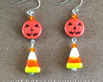 Lampwork Candy Corn Jack o Lantern Halloween Earrings EHAG