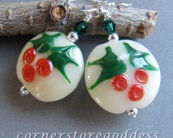 Lampwork Glass Christmas Holly Earrings by Cornerstoregoddess
