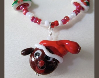 Christmas Lampwork Santa Dachshund Puppy Dog Necklace