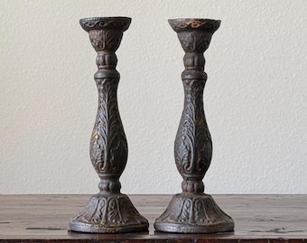 Vintage Ornate Metal Candlestick Holders, Pair