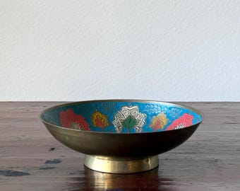Vintage Brass Enamel Peacock Bowl, Small Footed Dish