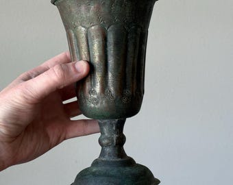 Vintage Metal Trophy Cup with Aged Patina and Etched Symbols