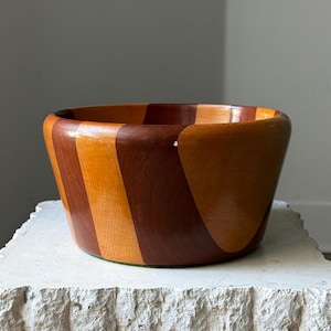 Vintage Two-Tone Striped Wood Bowl | Large Solid Wood Salad or Fruit Bowl