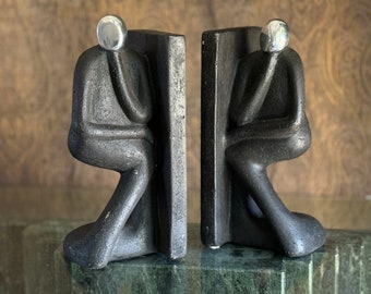 Black Stone Form Bookends Figure Vintage Abstract MCM Thinker Pose Sculpture Bookend Modern Human Doorstop Black Chrome Abstract Art