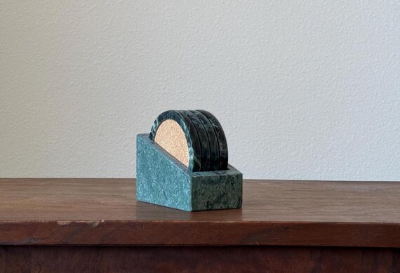 Vintage Green Marble Coasters, Set of 4 | MCM Stone Tabletop Drink Holder