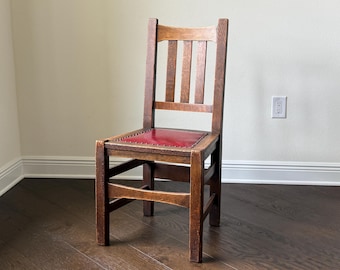 Vintage Oak Mission Style Chair with Red Upholstered Seat