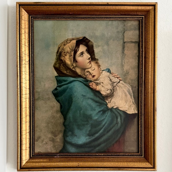 Vintage Gold Framed Madonna of the Streets Painting Large 1897 Reproduction Madonnina Textured Painting Madonna Child Dark Gothic Painting