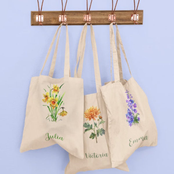 Cabas fleur de naissance/sac personnalisable/cadeaux femme/cadeau floral/tote bags université/sacoche personnalisable école