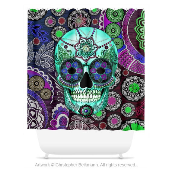 Sugar Skull Shower Curtain Purple And Green Paisley Skull Etsy