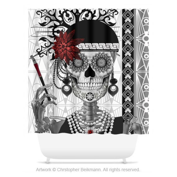 Flapper Girl Sugar Skull Shower Curtain Art Deco Bath Flapper Girl Sugar Skull Shower Curtain, Sugar Skull Shower Curtain