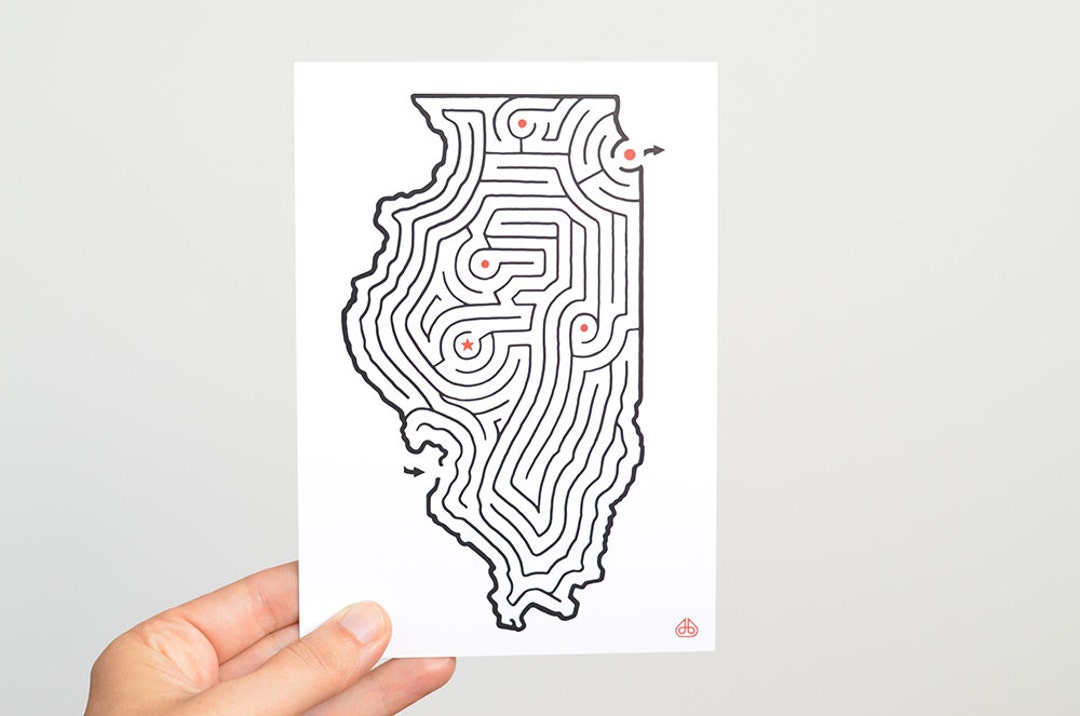 ILLINOIS Maze 5x7 Postcard Print Hand Designed by David Birkey Chicago ...