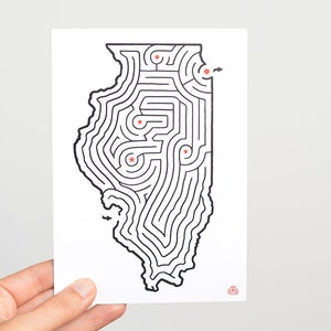ILLINOIS Maze 5x7 "Ansichtkaart Print | Hand ontworpen door David Birkey | Chicago/Springfield/Champagne/Peoria