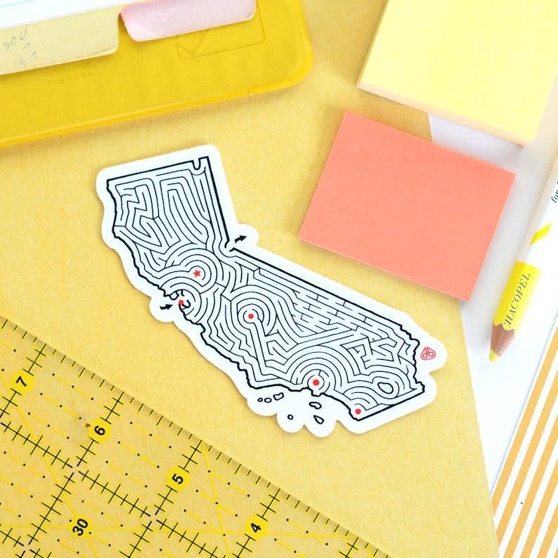 California Maze State Map Sticker Premium Die Cut Vinyl 3.5x3.25 inches Los Angeles / San Francisco / Lake Tahoe image 1