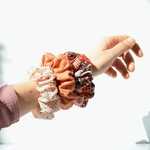 Vintage Fabric Scrunchies | Cute Retro Hair Band/Elastics | patchwork, orange, brown, peach