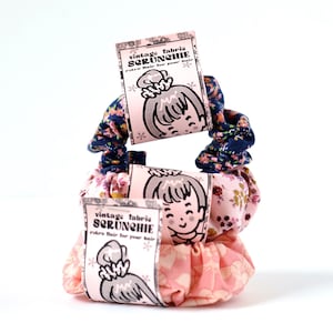 Vintage Fabric Scrunchies | Cute Retro Hair Band/Elastics | pink, peach, lavender, navy